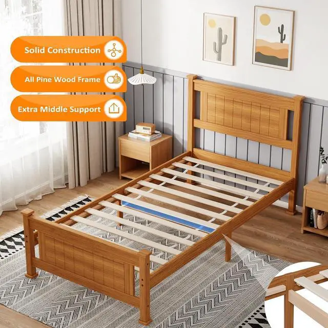 Alt view image 6 of 7 - VINGLI Twin Size Solid Wood Bed with Headboard, Sturdy & Durable Construction,Modern Minimalist Panel Platform Bed with Strong Support for Kids,Adults & Guests,Sleigh Bed,Natural Brown