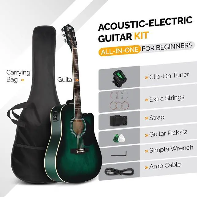 Alt view image 2 of 7 - GLARRY Full Size 6 Strings Acoustic Electric Guitar Beginner Kit, Cutaway 41 Inch Electric Acoustic Guitar w/Inbuilt Tuner, Bag, Strap, Picks, Strings, Basswood Guitarra, Matte Distressed Green