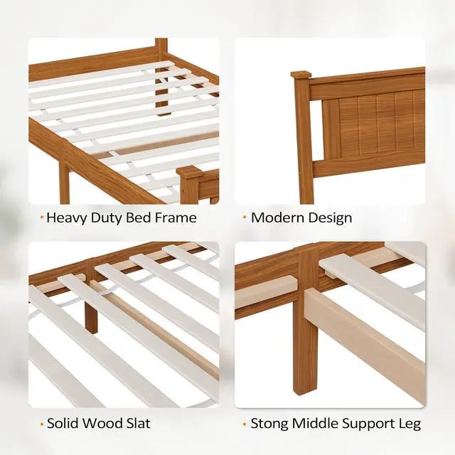 Alt view image 7 of 7 - VINGLI Twin Size Solid Wood Bed with Headboard, Sturdy & Durable Construction,Modern Minimalist Panel Platform Bed with Strong Support for Kids,Adults & Guests,Sleigh Bed,Natural Brown