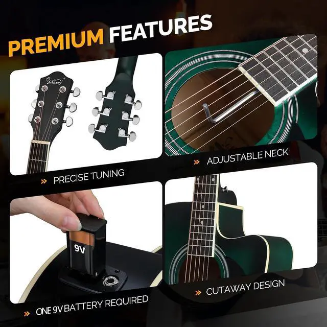 Alt view image 4 of 7 - GLARRY Full Size 6 Strings Acoustic Electric Guitar Beginner Kit, Cutaway 41 Inch Electric Acoustic Guitar w/Inbuilt Tuner, Bag, Strap, Picks, Strings, Basswood Guitarra, Matte Distressed Green