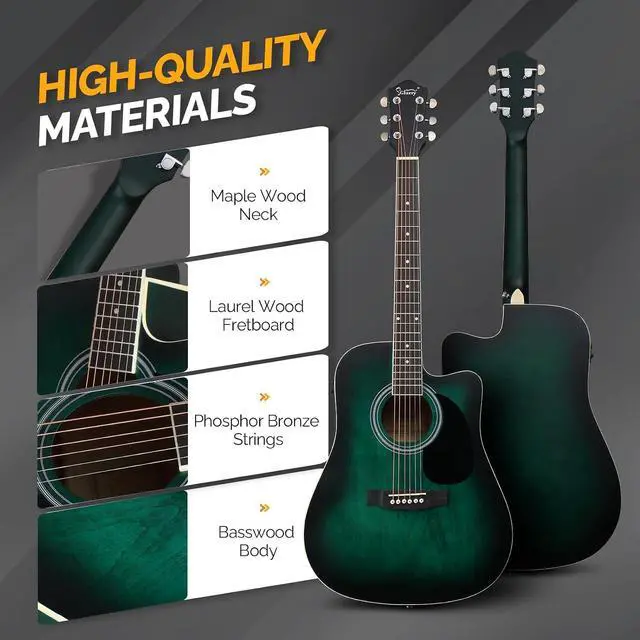 Alt view image 5 of 7 - GLARRY Full Size 6 Strings Acoustic Electric Guitar Beginner Kit, Cutaway 41 Inch Electric Acoustic Guitar w/Inbuilt Tuner, Bag, Strap, Picks, Strings, Basswood Guitarra, Matte Distressed Green