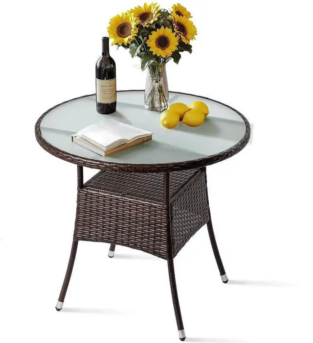 Alt view image 7 of 7 - VINGLI 32" Outdoor Dining Table, Wicker Round Patio Table Tempered Glass Patio Dining Table Outdoor Table for Balcony Garden Deck and Porch, Brown