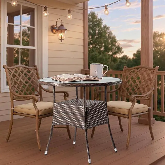 Alt view image 5 of 7 - VINGLI 32" Outdoor Dining Table, Wicker Round Patio Table Tempered Glass Patio Dining Table Outdoor Table for Balcony Garden Deck and Porch, Brown