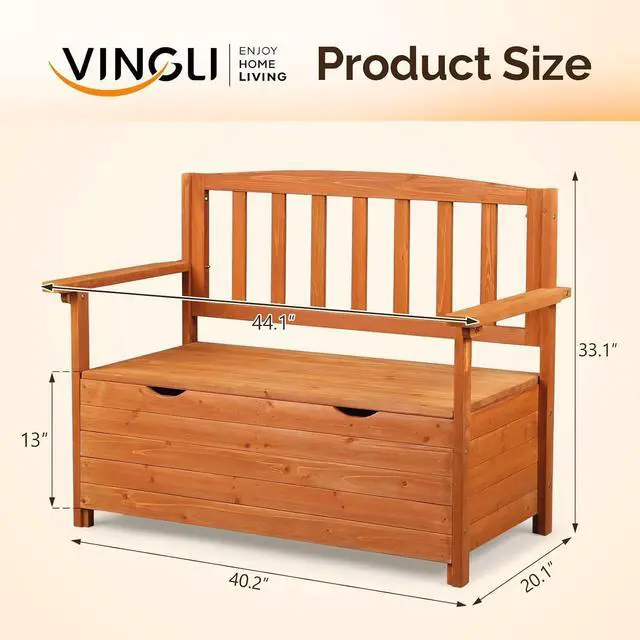 Alt view image 3 of 7 - VINGLI Outdoor Storage Bench, Large Wood Deck Box with Seating, Weatherproof Outdoor Bench with Storage Loveseat, 2-Person Wooden Patio Bench for Entryway, Backyard, Garden