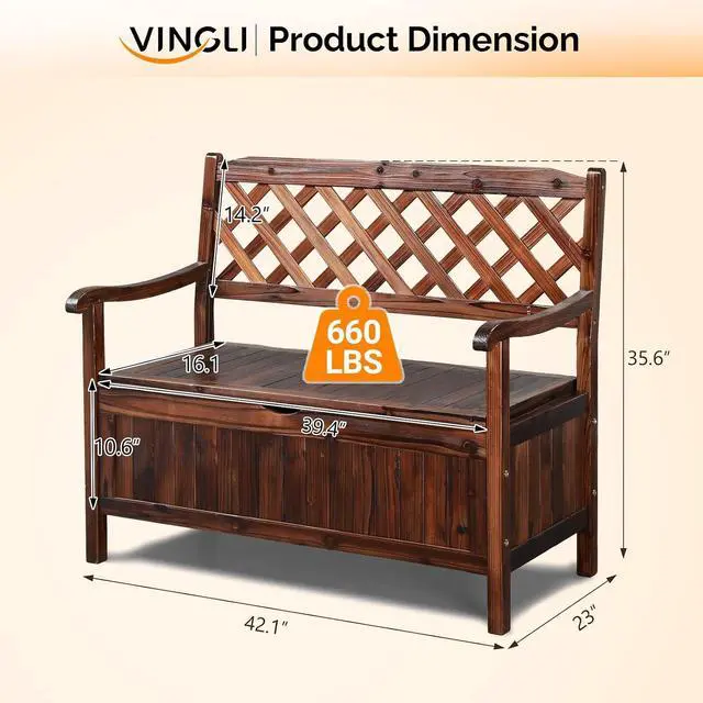 Alt view image 3 of 7 - VINGLI Outdoor Storage Bench, Large Wood Deck Box with Seating, Weatherproof Outdoor Bench with Storage Loveseat, 2-Person Wooden Patio Bench for Entryway, Backyard, Garden