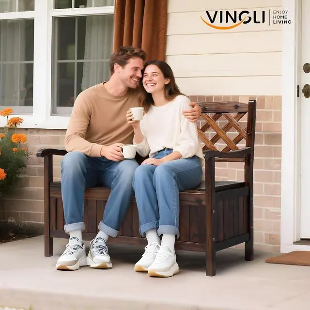 Alt view image 2 of 7 - VINGLI Outdoor Storage Bench, Large Wood Deck Box with Seating, Weatherproof Outdoor Bench with Storage Loveseat, 2-Person Wooden Patio Bench for Entryway, Backyard, Garden