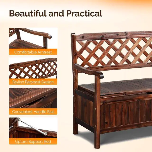Alt view image 4 of 7 - VINGLI Outdoor Storage Bench, Large Wood Deck Box with Seating, Weatherproof Outdoor Bench with Storage Loveseat, 2-Person Wooden Patio Bench for Entryway, Backyard, Garden