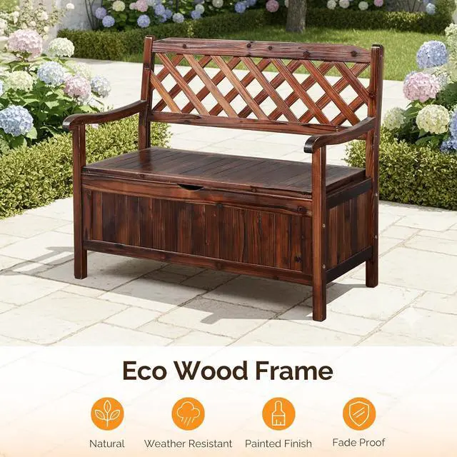 Alt view image 5 of 7 - VINGLI Outdoor Storage Bench, Large Wood Deck Box with Seating, Weatherproof Outdoor Bench with Storage Loveseat, 2-Person Wooden Patio Bench for Entryway, Backyard, Garden