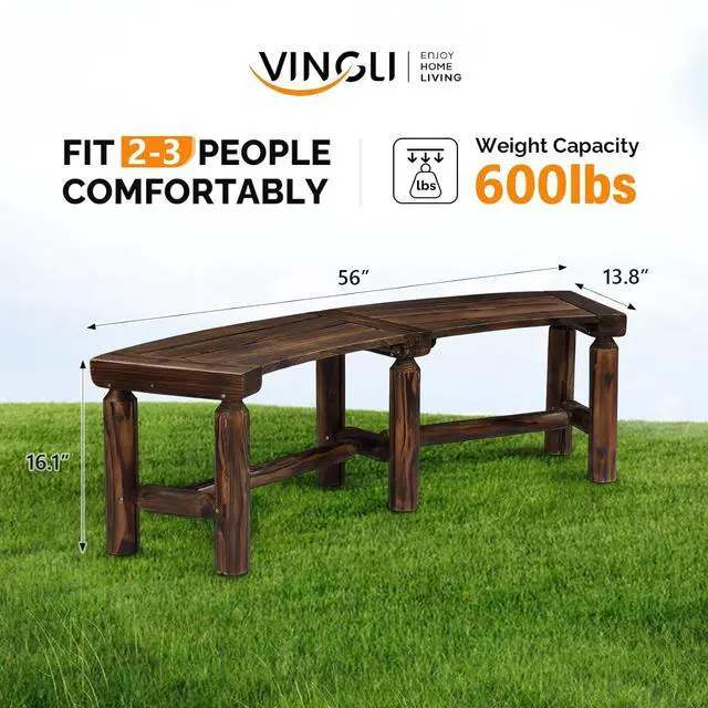 Alt view image 3 of 7 - VINGLI Outdoor Bench Wooden Curved Bench, All-Weather Fire Pit Backless Patio Bench, 2-Person Seating Rustic Garden Bench for Backyard Porch Deck Entryway (Carbonized)