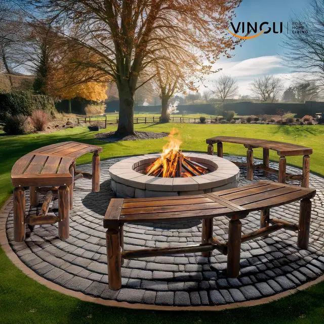 Alt view image 2 of 7 - VINGLI Outdoor Bench Wooden Curved Bench, All-Weather Fire Pit Backless Patio Bench, 2-Person Seating Rustic Garden Bench for Backyard Porch Deck Entryway (Carbonized)
