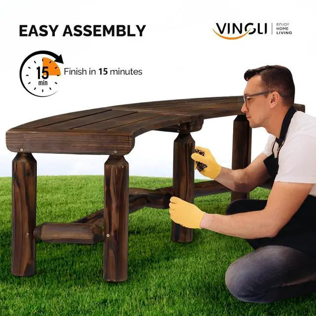 Alt view image 6 of 7 - VINGLI Outdoor Bench Wooden Curved Bench, All-Weather Fire Pit Backless Patio Bench, 2-Person Seating Rustic Garden Bench for Backyard Porch Deck Entryway (Carbonized)