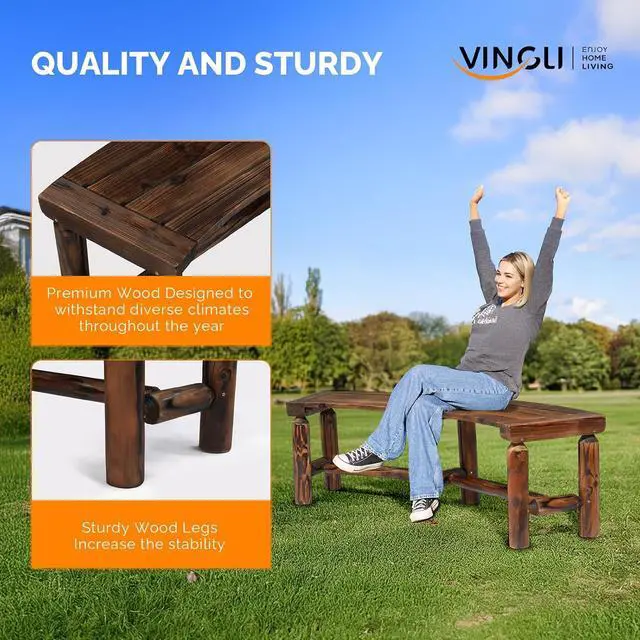 Alt view image 5 of 7 - VINGLI Outdoor Bench Wooden Curved Bench, All-Weather Fire Pit Backless Patio Bench, 2-Person Seating Rustic Garden Bench for Backyard Porch Deck Entryway (Carbonized)