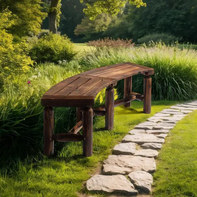 Alt view image 7 of 7 - VINGLI Outdoor Bench Wooden Curved Bench, All-Weather Fire Pit Backless Patio Bench, 2-Person Seating Rustic Garden Bench for Backyard Porch Deck Entryway (Carbonized)