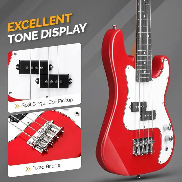 Alt view image 3 of 7 - GLARRY 36in Electric Bass Guitar, 4 String Beginner Starter Kit with Accessories including Cable, Strap, Bag for Adults (Red)