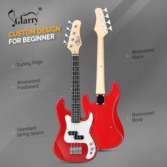 Alt view image 4 of 7 - GLARRY 36in Electric Bass Guitar, 4 String Beginner Starter Kit with Accessories including Cable, Strap, Bag for Adults (Red)