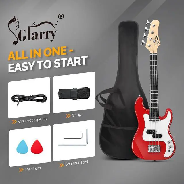 Alt view image 6 of 7 - GLARRY 36in Electric Bass Guitar, 4 String Beginner Starter Kit with Accessories including Cable, Strap, Bag for Adults (Red)
