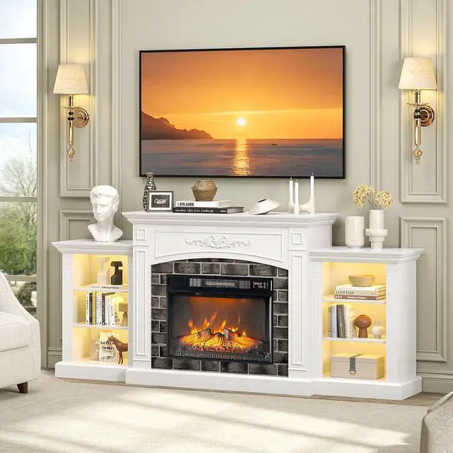 Main image of VINGLI 80'' Fireplace TV Stand for up to 90 inch TVs, Electric Fireplace with Mantel, Modern Entertainment Center with LED Light, TV Console Table with Adjustable Shelves, Living Room Bedroom, White