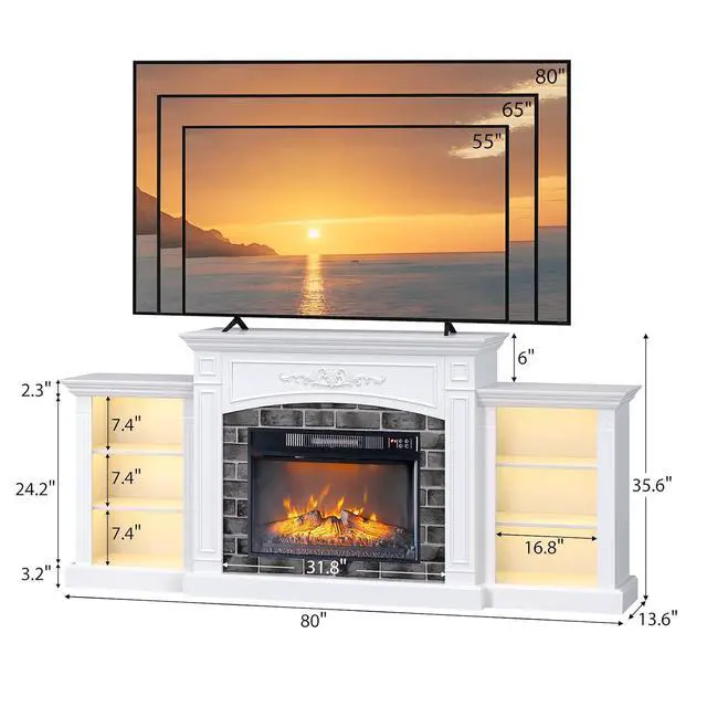 Alt view image 2 of 7 - VINGLI 80'' Fireplace TV Stand for up to 90 inch TVs, Electric Fireplace with Mantel, Modern Entertainment Center with LED Light, TV Console Table with Adjustable Shelves, Living Room Bedroom, White