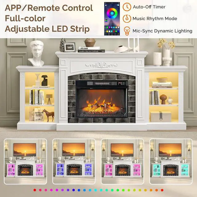 Alt view image 3 of 7 - VINGLI 80'' Fireplace TV Stand for up to 90 inch TVs, Electric Fireplace with Mantel, Modern Entertainment Center with LED Light, TV Console Table with Adjustable Shelves, Living Room Bedroom, White