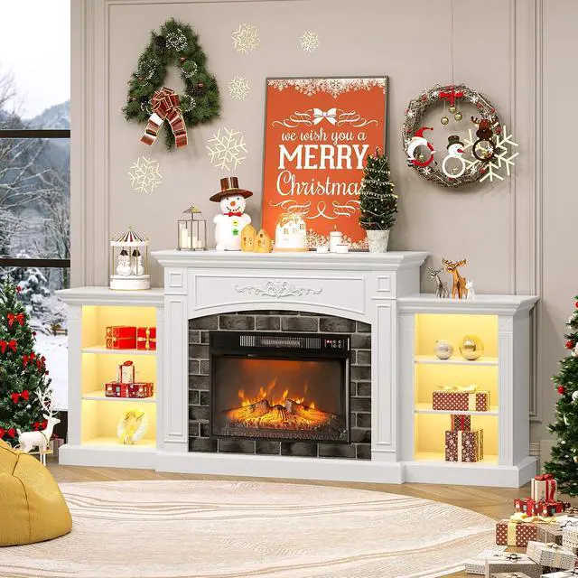 Alt view image 6 of 7 - VINGLI 80'' Fireplace TV Stand for up to 90 inch TVs, Electric Fireplace with Mantel, Modern Entertainment Center with LED Light, TV Console Table with Adjustable Shelves, Living Room Bedroom, White