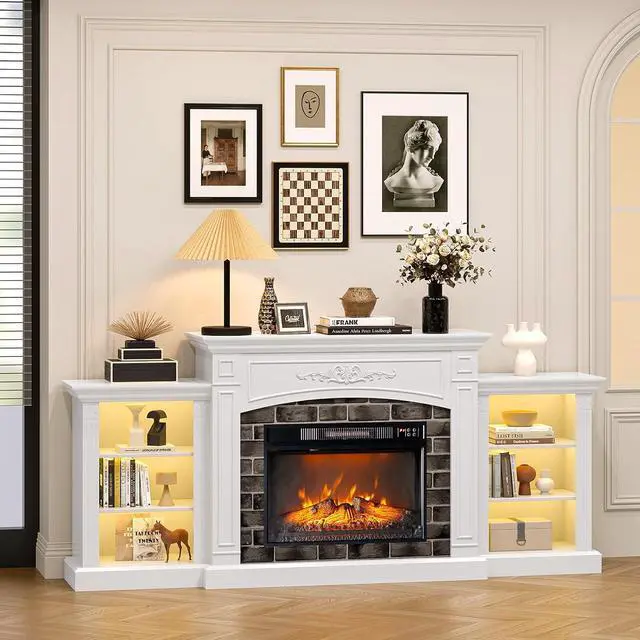 Alt view image 7 of 7 - VINGLI 80'' Fireplace TV Stand for up to 90 inch TVs, Electric Fireplace with Mantel, Modern Entertainment Center with LED Light, TV Console Table with Adjustable Shelves, Living Room Bedroom, White