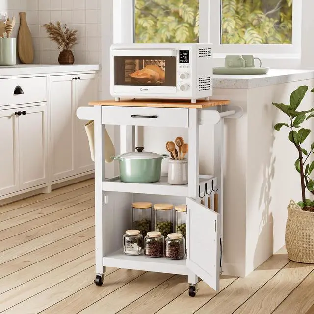Alt view image 2 of 7 - VINGLI Small Kitchen Island on Wheels, Microwave Cart with Drawer & Storage, Barn Door Coffee Station Stand with Hooks & Shelves, Unique White