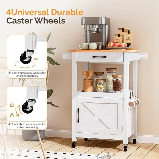 Alt view image 3 of 7 - VINGLI Small Kitchen Island on Wheels, Microwave Cart with Drawer & Storage, Barn Door Coffee Station Stand with Hooks & Shelves, Unique White