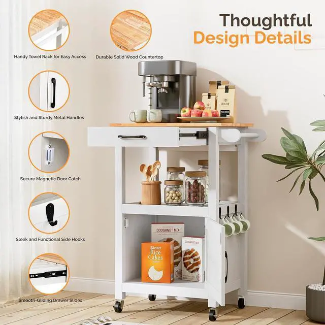 Alt view image 5 of 7 - VINGLI Small Kitchen Island on Wheels, Microwave Cart with Drawer & Storage, Barn Door Coffee Station Stand with Hooks & Shelves, Unique White