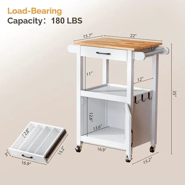 Alt view image 4 of 7 - VINGLI Small Kitchen Island on Wheels, Microwave Cart with Drawer & Storage, Barn Door Coffee Station Stand with Hooks & Shelves, Unique White