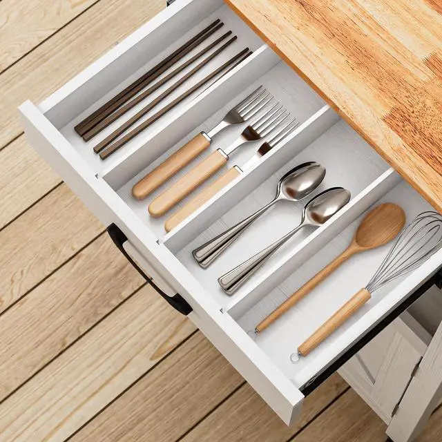 Alt view image 6 of 7 - VINGLI Small Kitchen Island on Wheels, Microwave Cart with Drawer & Storage, Barn Door Coffee Station Stand with Hooks & Shelves, Unique White