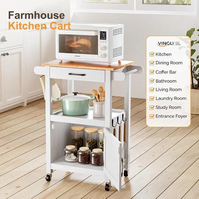Alt view image 7 of 7 - VINGLI Small Kitchen Island on Wheels, Microwave Cart with Drawer & Storage, Barn Door Coffee Station Stand with Hooks & Shelves, Unique White