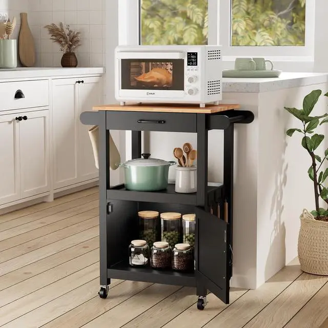 Alt view image 2 of 7 - VINGLI Small Kitchen Island Cart on Wheels with Storage, Black | 29"W Rolling Microwave Stand with Drawer,Open Shelf, Towel Bars and Hooks, Rubberwood Top