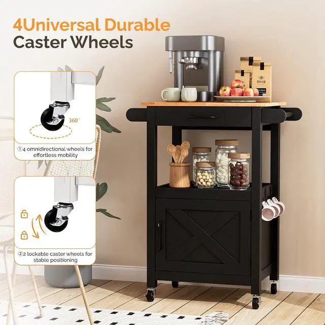 Alt view image 3 of 7 - VINGLI Small Kitchen Island Cart on Wheels with Storage, Black | 29"W Rolling Microwave Stand with Drawer,Open Shelf, Towel Bars and Hooks, Rubberwood Top