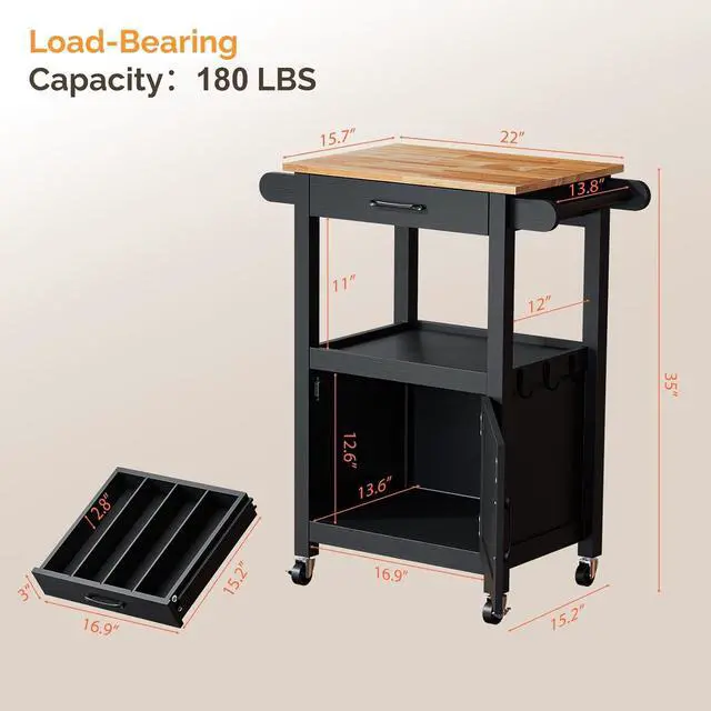 Alt view image 5 of 7 - VINGLI Small Kitchen Island Cart on Wheels with Storage, Black | 29"W Rolling Microwave Stand with Drawer,Open Shelf, Towel Bars and Hooks, Rubberwood Top