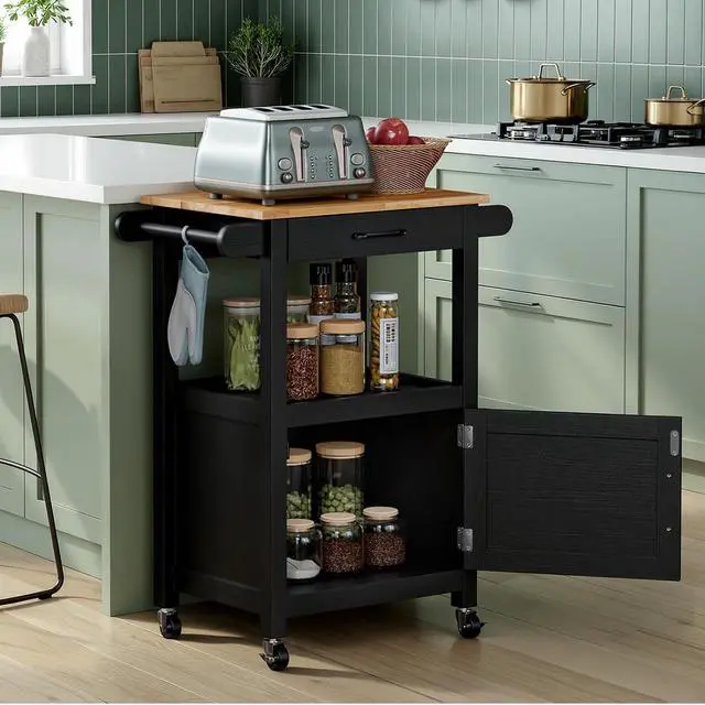 Alt view image 4 of 7 - VINGLI Small Kitchen Island Cart on Wheels with Storage, Black | 29"W Rolling Microwave Stand with Drawer,Open Shelf, Towel Bars and Hooks, Rubberwood Top