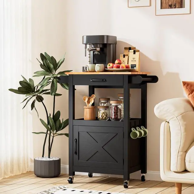 Alt view image 7 of 7 - VINGLI Small Kitchen Island Cart on Wheels with Storage, Black | 29"W Rolling Microwave Stand with Drawer,Open Shelf, Towel Bars and Hooks, Rubberwood Top