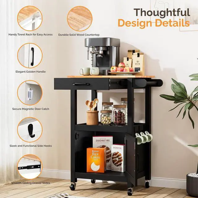 Alt view image 6 of 7 - VINGLI Small Kitchen Island Cart on Wheels with Storage, Black | 29"W Rolling Microwave Stand with Drawer,Open Shelf, Towel Bars and Hooks, Rubberwood Top