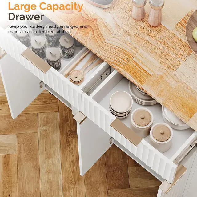 Alt view image 2 of 7 - VINGLI Fluted Large Kitchen Island Cart with 2 Draws & 4 Doors, White | Drop-leaf Toptable, Adjuestable Shelves, Towel Bar, 3-tier Side Storage Rack, 360° Rolling Design