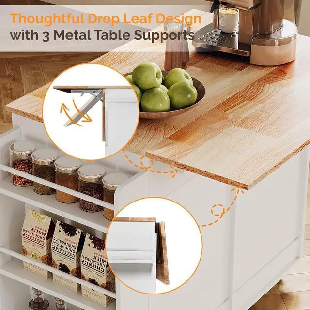 Alt view image 3 of 7 - VINGLI Fluted Large Kitchen Island Cart with 2 Draws & 4 Doors, White | Drop-leaf Toptable, Adjuestable Shelves, Towel Bar, 3-tier Side Storage Rack, 360° Rolling Design