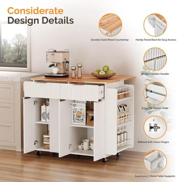 Alt view image 5 of 7 - VINGLI Fluted Large Kitchen Island Cart with 2 Draws & 4 Doors, White | Drop-leaf Toptable, Adjuestable Shelves, Towel Bar, 3-tier Side Storage Rack, 360° Rolling Design