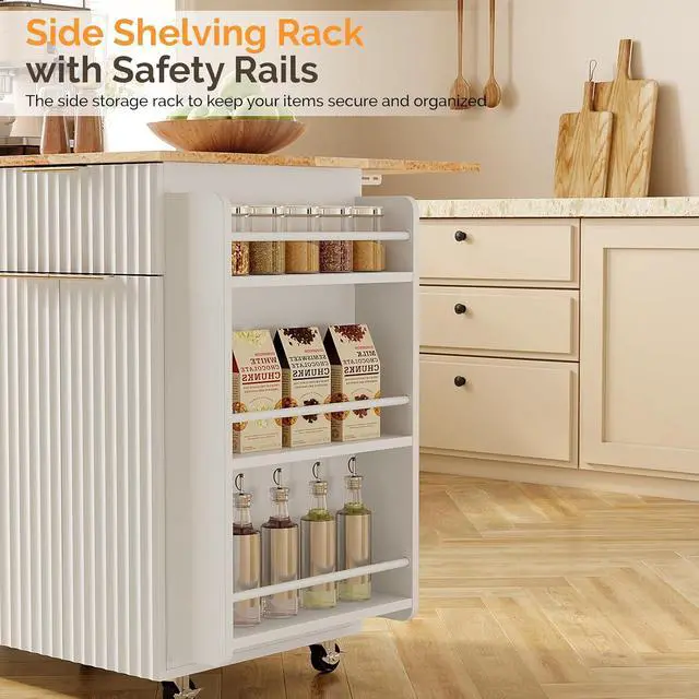 Alt view image 7 of 7 - VINGLI Fluted Large Kitchen Island Cart with 2 Draws & 4 Doors, White | Drop-leaf Toptable, Adjuestable Shelves, Towel Bar, 3-tier Side Storage Rack, 360° Rolling Design