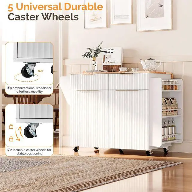Alt view image 6 of 7 - VINGLI Fluted Large Kitchen Island Cart with 2 Draws & 4 Doors, White | Drop-leaf Toptable, Adjuestable Shelves, Towel Bar, 3-tier Side Storage Rack, 360° Rolling Design