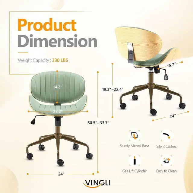 Alt view image 2 of 7 - VINGLI Wide Comfotable Swivel Home Office Chair with Wood-Grain Curved Shell,Ergomomic Mid-Back Padded Armless Rolling Desk Chair with Wheels,Height Adjustable for Computer,Task,Work,PU Leather,Green