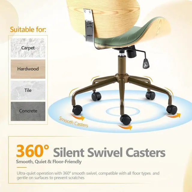 Alt view image 4 of 7 - VINGLI Wide Comfotable Swivel Home Office Chair with Wood-Grain Curved Shell,Ergomomic Mid-Back Padded Armless Rolling Desk Chair with Wheels,Height Adjustable for Computer,Task,Work,PU Leather,Green