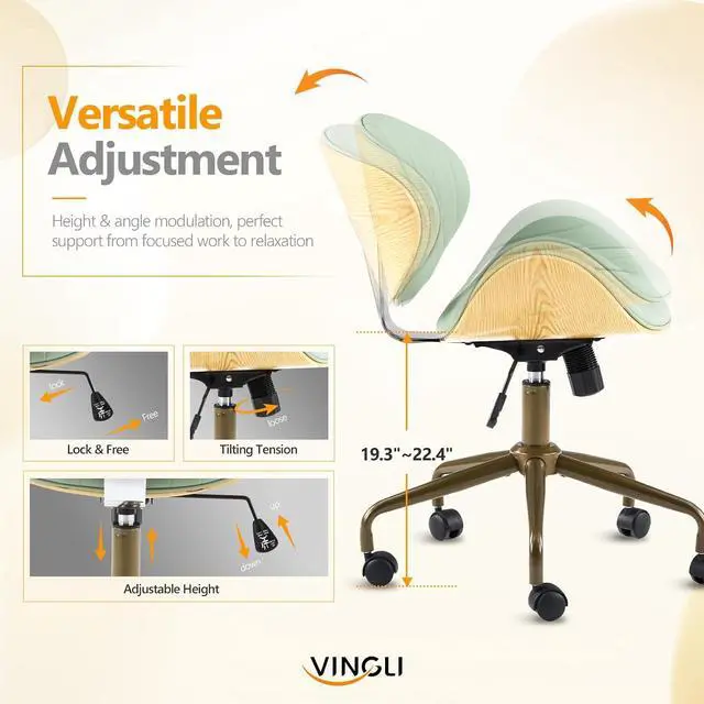 Alt view image 3 of 7 - VINGLI Wide Comfotable Swivel Home Office Chair with Wood-Grain Curved Shell,Ergomomic Mid-Back Padded Armless Rolling Desk Chair with Wheels,Height Adjustable for Computer,Task,Work,PU Leather,Green
