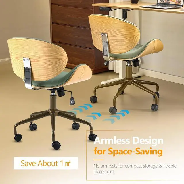Alt view image 5 of 7 - VINGLI Wide Comfotable Swivel Home Office Chair with Wood-Grain Curved Shell,Ergomomic Mid-Back Padded Armless Rolling Desk Chair with Wheels,Height Adjustable for Computer,Task,Work,PU Leather,Green
