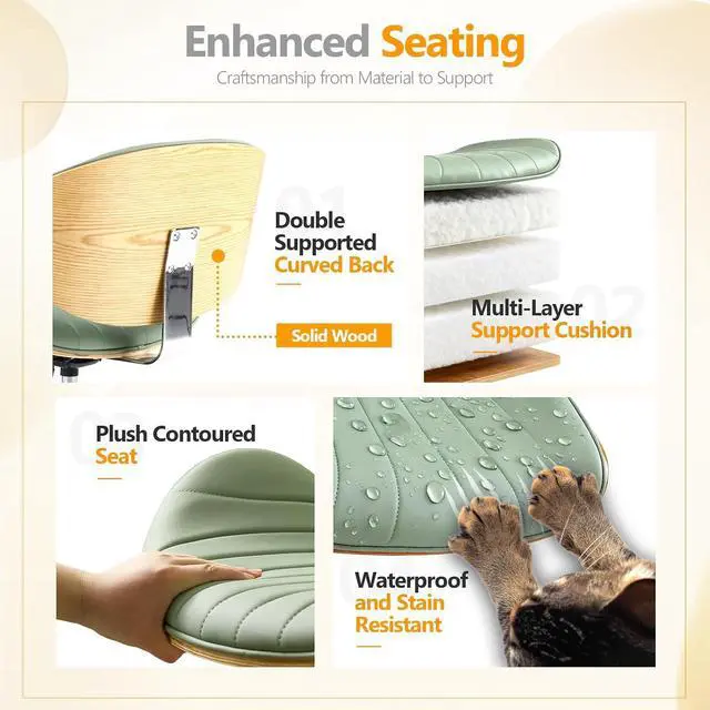 Alt view image 6 of 7 - VINGLI Wide Comfotable Swivel Home Office Chair with Wood-Grain Curved Shell,Ergomomic Mid-Back Padded Armless Rolling Desk Chair with Wheels,Height Adjustable for Computer,Task,Work,PU Leather,Green
