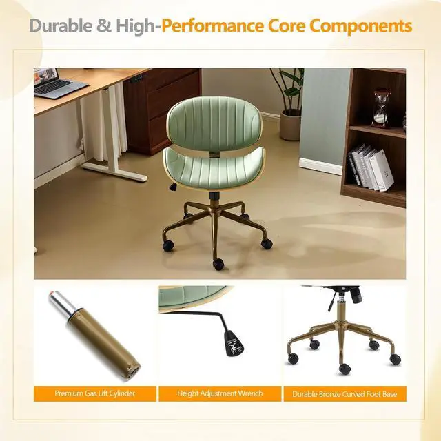 Alt view image 7 of 7 - VINGLI Wide Comfotable Swivel Home Office Chair with Wood-Grain Curved Shell,Ergomomic Mid-Back Padded Armless Rolling Desk Chair with Wheels,Height Adjustable for Computer,Task,Work,PU Leather,Green