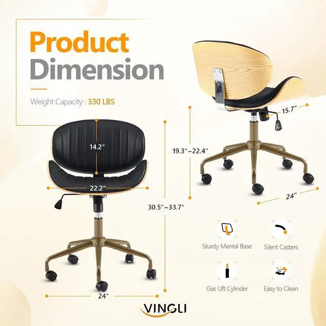 Alt view image 2 of 7 - VINGLI Wide Comfotable Swivel Home Office Chair with Wood-Grain Curved Shell,Ergomomic Mid-Back Padded Armless Rolling Desk Chair with Wheels,Height Adjustable for Computer,Task,Work,PU Leather,Black
