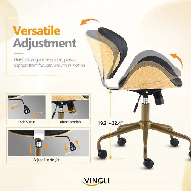 Alt view image 3 of 7 - VINGLI Wide Comfotable Swivel Home Office Chair with Wood-Grain Curved Shell,Ergomomic Mid-Back Padded Armless Rolling Desk Chair with Wheels,Height Adjustable for Computer,Task,Work,PU Leather,Black